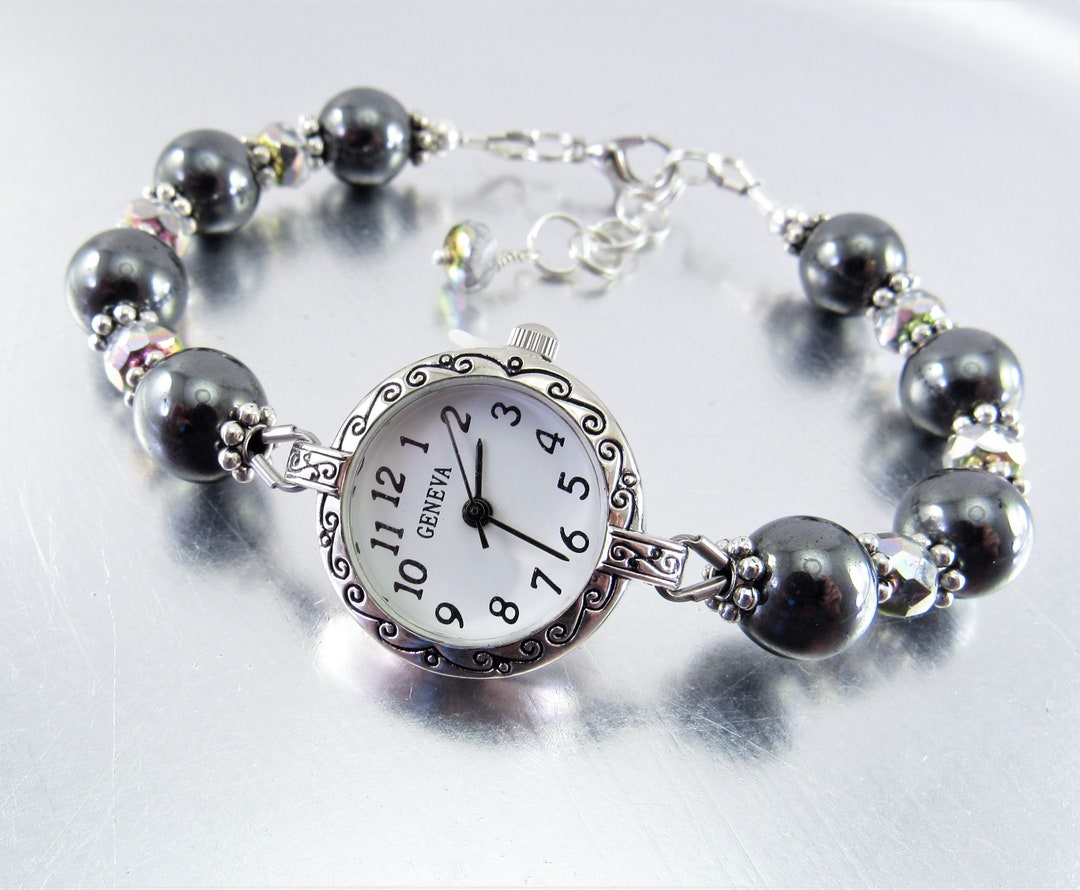 Beaded Bracelet Watch Hematite and Vitrail Crystal Glass Bracelet Watch