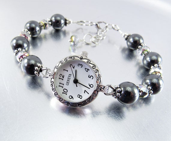 Beaded Bracelet Watch - Hematite and Vitrail Crystal Glass Bracelet Watch
