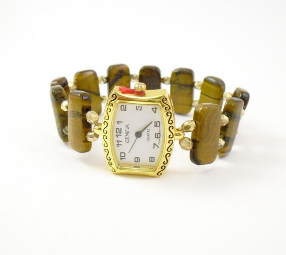 Beaded Stretchy Bracelet Watch - Tiger Eye and Metallic Gold Crystal Glass