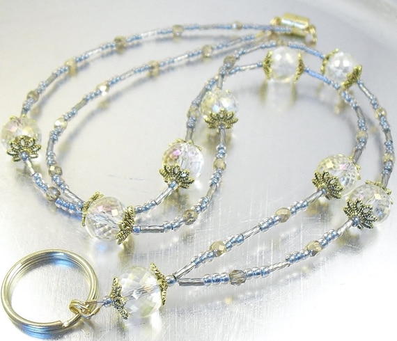 Beaded Lanyard - Champagne Crystal Glass with Blue Accents Badge Lanyard, Necklace - Beaded ID Lanyard, Badge Holder