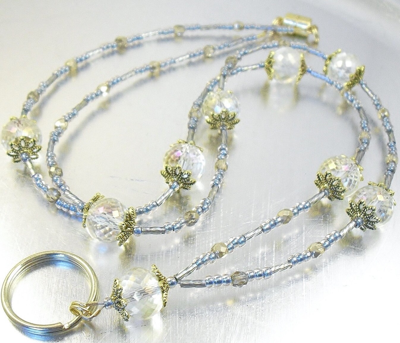 Beaded Lanyard Champagne Crystal Glass with Blue Accents Badge