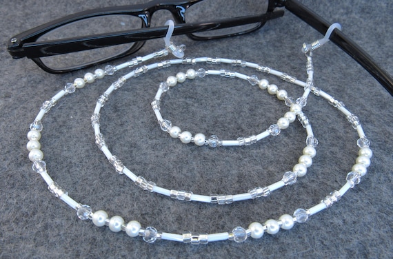 White Glass Pearl and Aurora Borealis Crystal Glass Eyeglass Lanyard, Eyeglass Leash, Glasses Holder