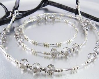 Faceted Black Diamond Crystal Glass Eyeglass Lanyard, Eyeglass Leash, Glasses Holder