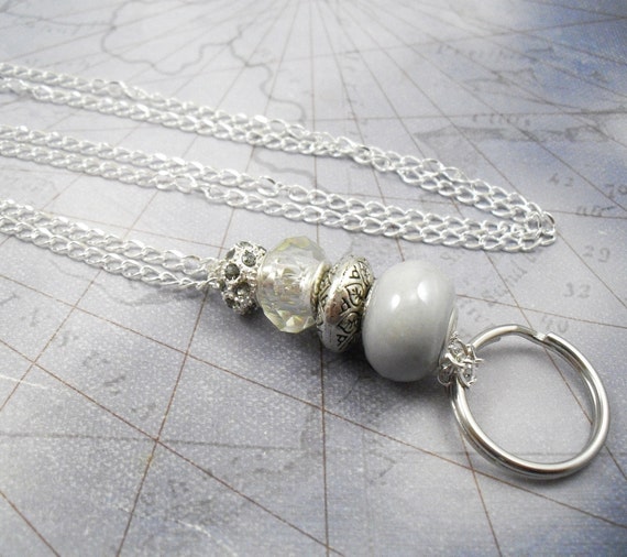 Grey Ceramic and Crystal Large Hole European Style Beaded Oval Link Chain ID Lanyard, Badge Holder