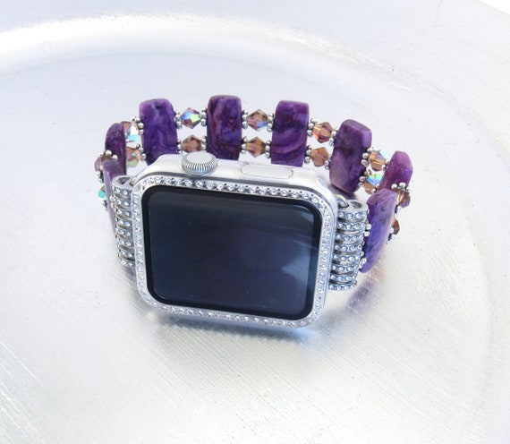 Apple Watch Band - Purple Crazy Lace Agate and Purple Crystal Glass Bicone Apple Watch Band