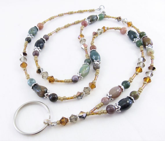 Beaded Lanyard - Fancy Jasper and Autumn Colored Crystal Glass Sparkly Beaded ID Badge Holder, ID Lanyard, Glasses Holder