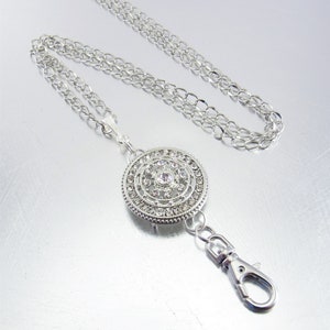 Petite Clear Crystal Rhinestone Pendant Style ID Lanyard, Badge Holder - Curb Chain OR Leather Cord