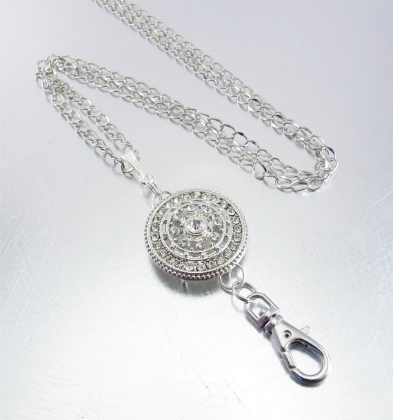 Petite Clear Crystal Rhinestone Pendant Style ID Lanyard, Badge Holder - Curb Chain OR Leather Cord