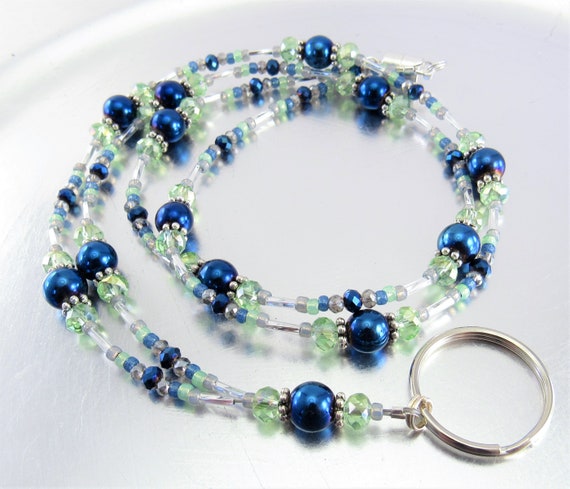 Seattle Seahawks Blue and Green Crystal Badge Lanyard, ID Holder, Key Chain Necklace