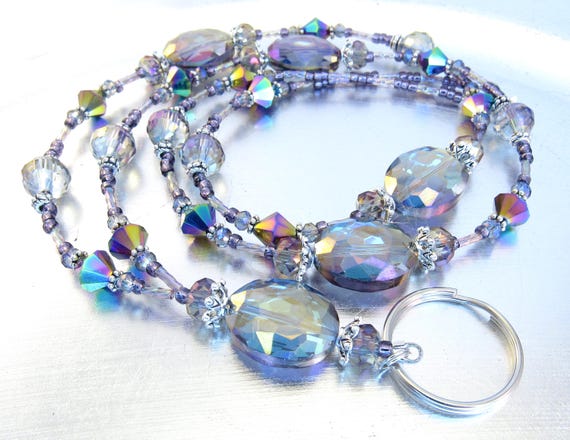 Bold Purple Sparkly Rainbow Crystal Glass ID Lanyard, Badge Holder, ID Necklace, Key Chain Necklace