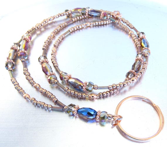 Purple Aurora Borealis Crystal and Rose Gold Sparkly Crystal Glass ID Badge Holder, ID Lanyard, Glasses Holder