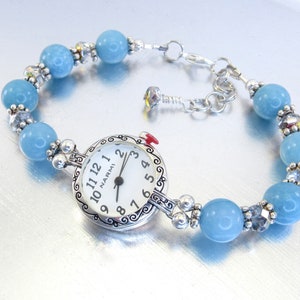 Beaded Bracelet Watch - Blue Chalcedony and Vitrail Crystal Glass Bracelet Watch