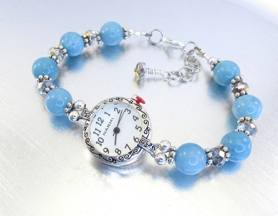 Beaded Bracelet Watch - Blue Chalcedony and Vitrail Crystal Glass Bracelet Watch