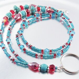 SALE! - Turquoise, Red and Aurora Borealis Crystal Sparkly Wheel Beaded ID Badge Holder, ID Lanyard, Glasses Holder