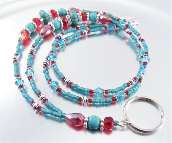 SALE! - Turquoise, Red and Aurora Borealis Crystal Sparkly Wheel Beaded ID Badge Holder, ID Lanyard, Glasses Holder