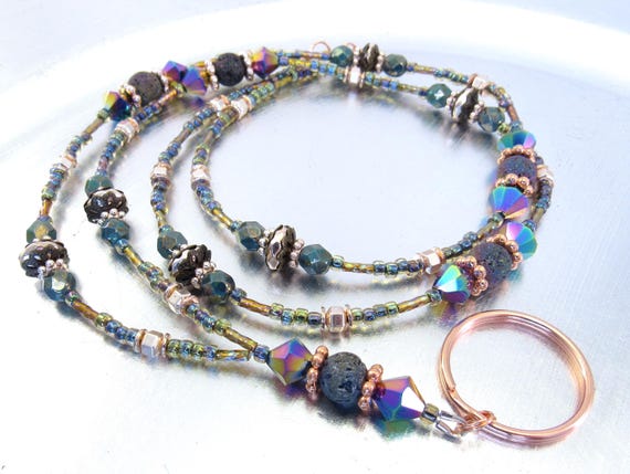 Rainbow Lava Stone, Metallic Rainbow Bicones, Turquoise Bronze and Light Rose Hematite ID Holder, ID Badge Lanyard, Glasses Holder