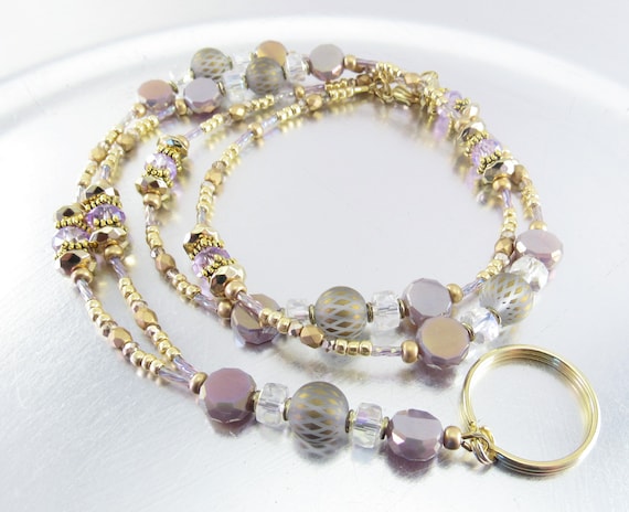 Lavender and Gold Beaded ID Badge Holder, ID Lanyard, Glasses Holder