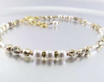 Beaded Ankle Bracelet - White Swarovski Pearl and Metallic Gold Crystal Glass Anklet