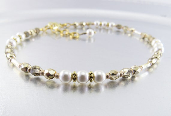 Beaded Ankle Bracelet - White Swarovski Pearl and Metallic Gold Crystal Glass Anklet