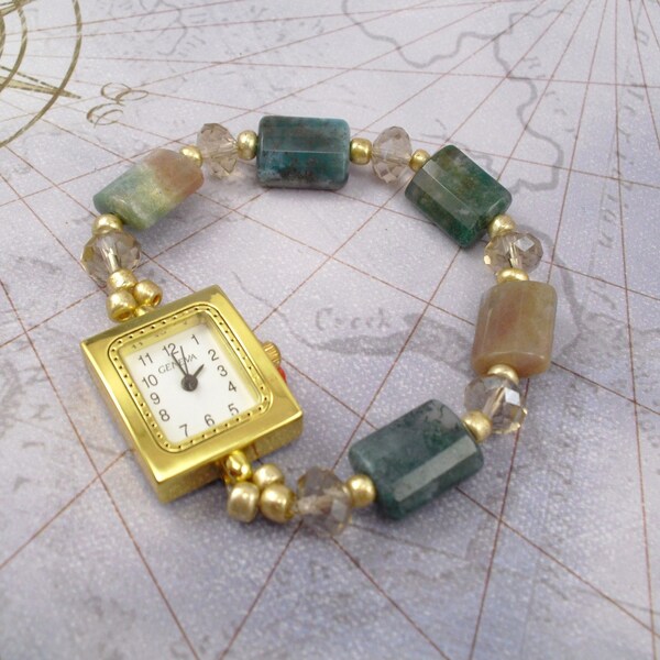 Beaded Bracelet Watch - Petite Fancy Jasper Stretchy Bracelet Watch