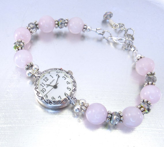 Beaded Bracelet Watch - Pink Tourmaline and Vitrail Crystal Glass Bracelet Watch