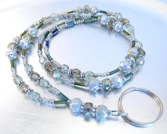 Faceted Gray and Green Crystal Glass Beaded ID Lanyard, Badge Holder, ID Badge Necklace
