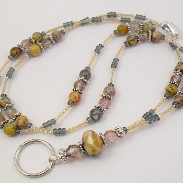 Crazy Lace Agate and Pink Luster Czech Glass ID Lanyard/Badge Holder