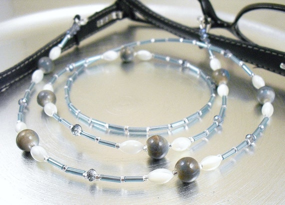 Mother of Pearl, Ceramic and Blue Sparkly Crystal Glass Eyeglass Lanyard, Eyeglass Leash/Necklace