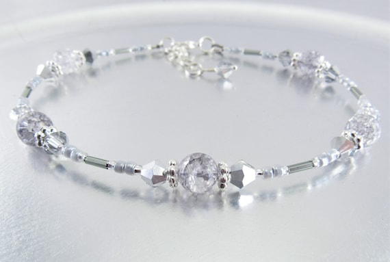 Beaded Ankle Bracelet - Ice Flake Quartz and Metallic Silver Crystal Glass Anklet