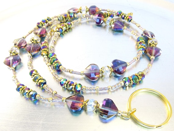 Rainbow Diamond, Metallic Rainbow, and Aurora Borealis Crystal Beaded Badge Holder, ID Lanyard in Gold