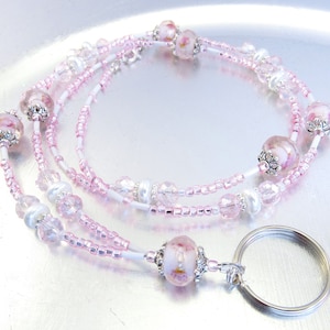 Pink and White Beaded Lanyard, ID Badge Holder, ID Necklace Holder, Badge Clip Necklace