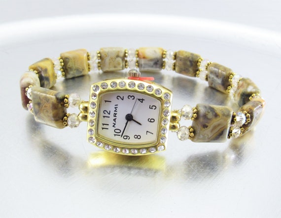 Beaded Stretchy Bracelet Watch - Petite Crazy Lace Agate