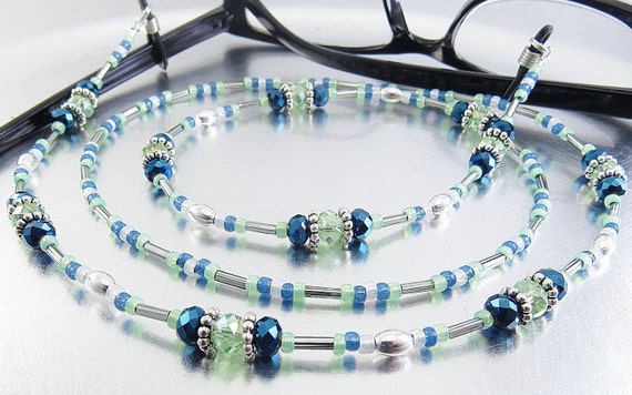Seattle Seahawks Blue and Green Crystal Sparkly Beaded Eyeglass Lanyard, Sunglasses Leash, Glasses Necklace