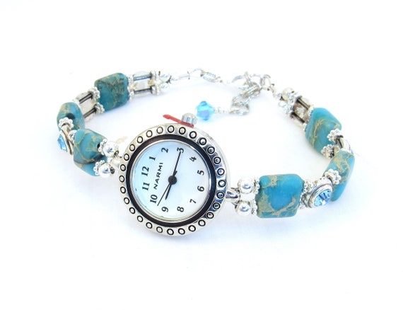 Beaded Bracelet Watch - Impression Jasper and Rhinestone Crystal Glass Bracelet Watch