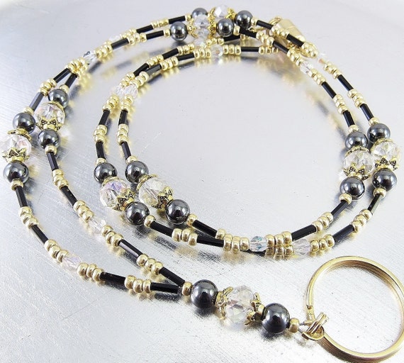 Crystal Glass, Black Hematite and Gold Beaded ID Lanyard, Badge Holder, ID Badge Necklace