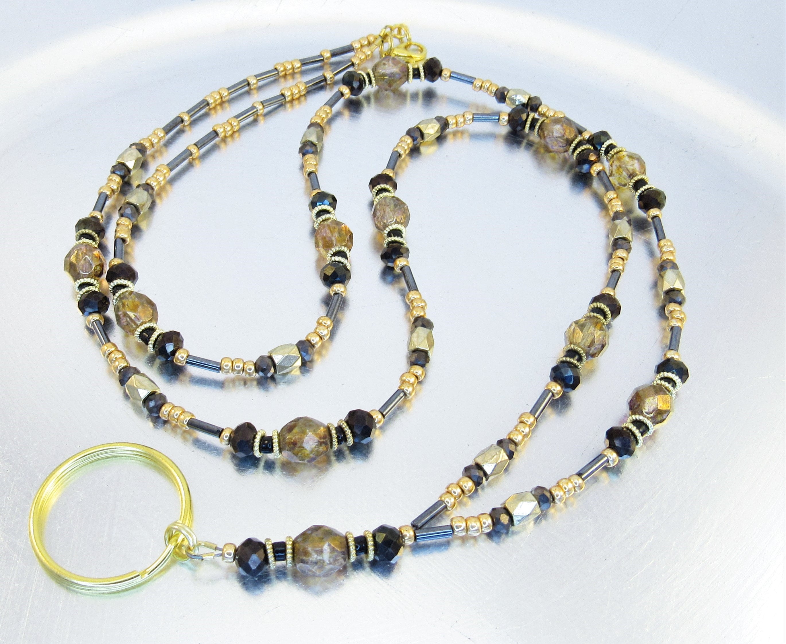 Golden Topaz Czech Glass and Faceted Aurora Borealis Black Crystal Beaded  ID Lanyard, Badge Holder, ID Badge Necklace
