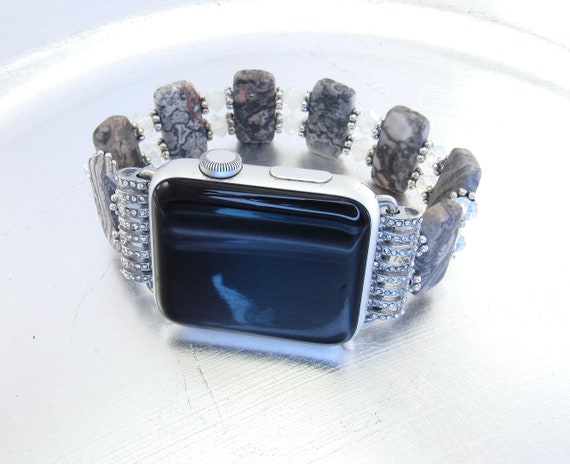 Apple Watch Band - Silver and Gray Crazy Lace Agate and Frosted Bicone Crystal Apple Watch Band