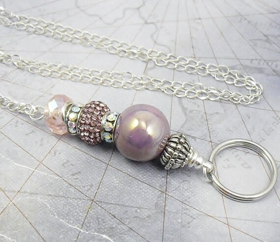 Purple Ceramic, Sparkling Rhinestone and Pink Aurora Borealis Large Hole Beaded Oval Link Chain OR Leather Cord ID Lanyard, Badge Holder