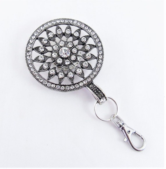 Bold Sunflower Clear Rhinestone Magnetic Pendant Badge Holder, Magnetic Brooch,  ID Holder, Reading Glasses Holder