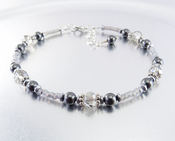 Beaded Ankle Bracelet - Black Swarovski Pearl and Grey Crystal Glass Anklet