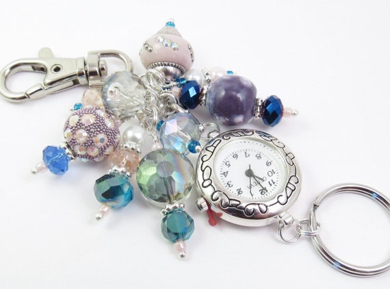 Bold Whimsical Pink, Purple and Blue Crystal Glass Cluster Beaded Key Chain, Purse Embellishment, Zipper Pull w/wo Watch Face