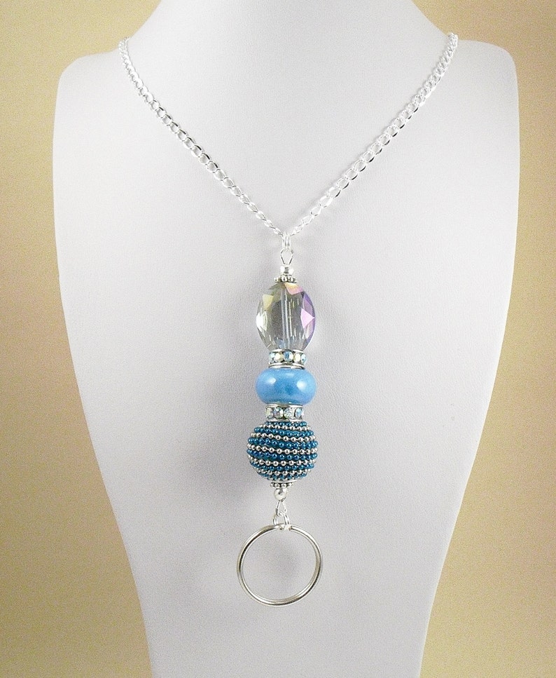 Rainbow Crystal Glass, AB Swarovski Crystal Wheels and Metallic Blue and Silver ID Lanyard, Badge Holder on Silver Chain or Leather Cord image 3