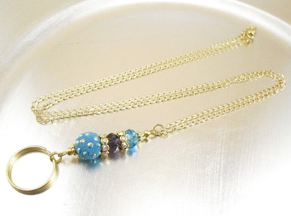 Petite Blue and Purple Crystal Glass Oval Link Gold Chain or Brown Leather Cord ID Lanyard, Badge Holder, Key Chain Necklace