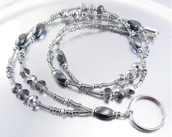 Cordão de identificação, porta-crachá - cordão de identificação com contas de vidro de cristal de hematita e diamante negro