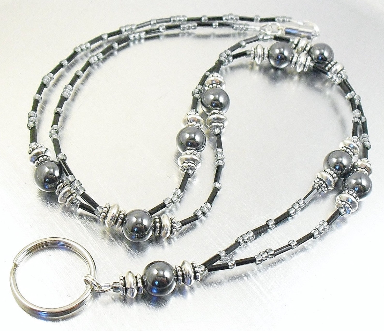 Beaded ID Lanyard Badge Holder ID Necklace Hematite and Etsy