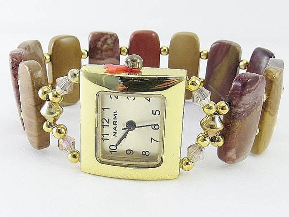 Beaded Bracelet Watch - Sunset Mookalite and Champagne Crystal Glass Stretchy Bracelet Watch in Gold