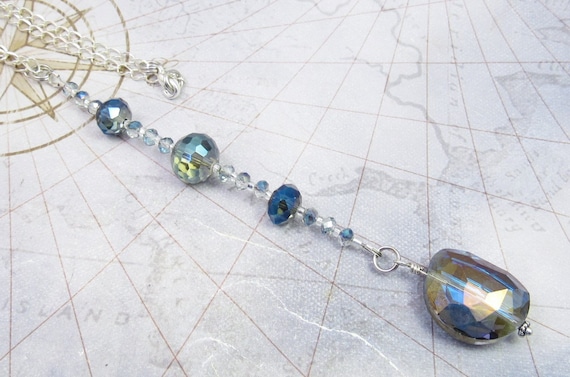 SALE! - Rainbow Aurora Borealis  and Blue Crystal Rear View Mirror Charm, Decor, Sun Catcher, Crystal Accessory