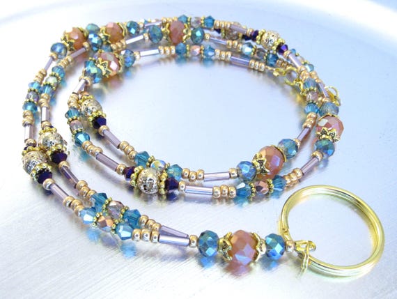 Blue, Mango, Purple and Crystal Copper Glass and Gold Beaded ID Lanyard, Badge Holder, ID Badge Necklace