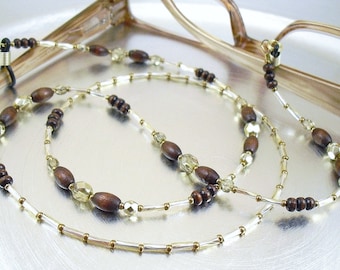 Eyeglass Leash, Eyeglass Holder - Dark Brown Wood, Bronze and Gold Eyeglass Lanyard