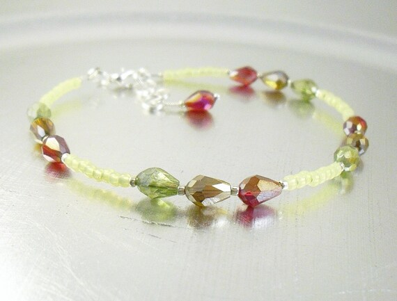 Beaded Ankle Bracelet - Yellow Opal and Crystal Glass Anklet